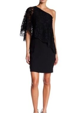 Nanette Lepore Black One-Shoulder Lace Capelet Dress
